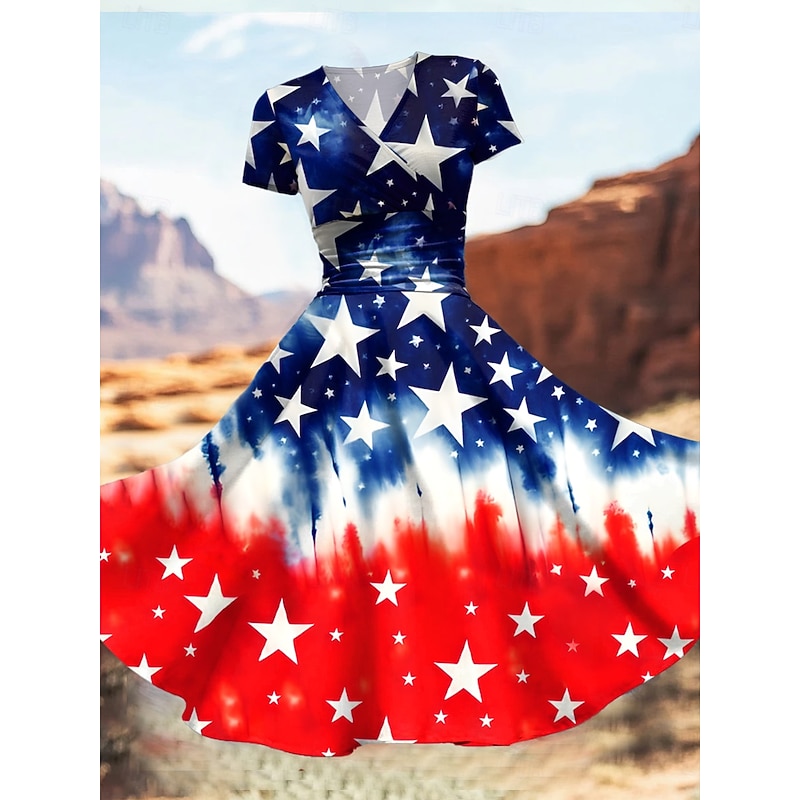 Women's Patriotic  Midi Dress Dress Fit And Flare Dress Party Casual Daily Holiday Graphic Flag Stars and Stripes Short Sleeve V Neck Royal Blue Blue Dark Blue2