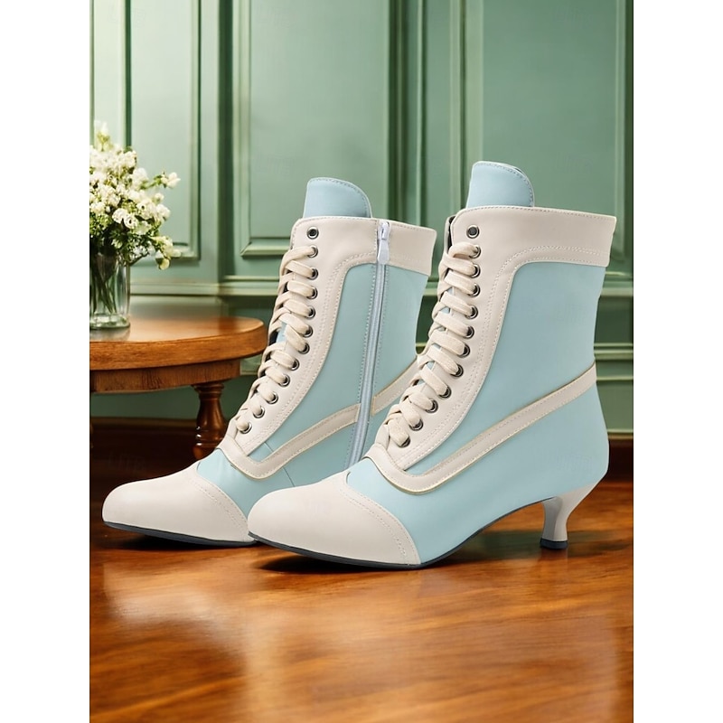 Women's Victorian White and Pink Lace-Up Mid-Heel Boots - Perfect for Vintage Themed Events and Cosplay