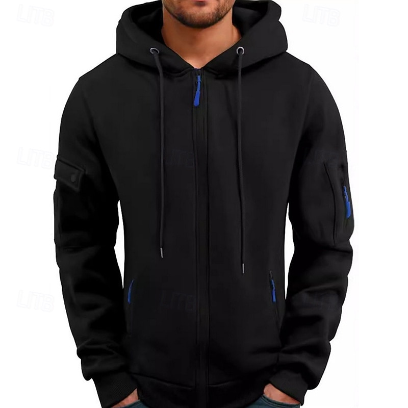 Men's Hoodie Full Zip Hoodie Black Navy Blue Camel Light Grey Dark Gray Hooded Plain Patchwork Sports & Outdoor Daily Holiday Polyester Streetwear Basic Casual Spring &  Fall Clothing Apparel Hoodies3
