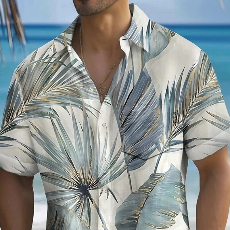 Men's Palm Leaf Tropical Plants Summer Hawaiian Shirt Button Up Shirt Aloha Shirt Short Sleeve Hawaiian Holiday Beach Wear Summer Spring Turndown 3D Print Collared Shirts Front One Pocket Light Green2