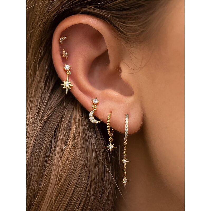 Women's Gold-Plated Star and Moon Mismatched Earring Set – Dainty Celestial Zircon Studs and Drop Earrings for Fashion Parties, Gifts and Everyday Wear3