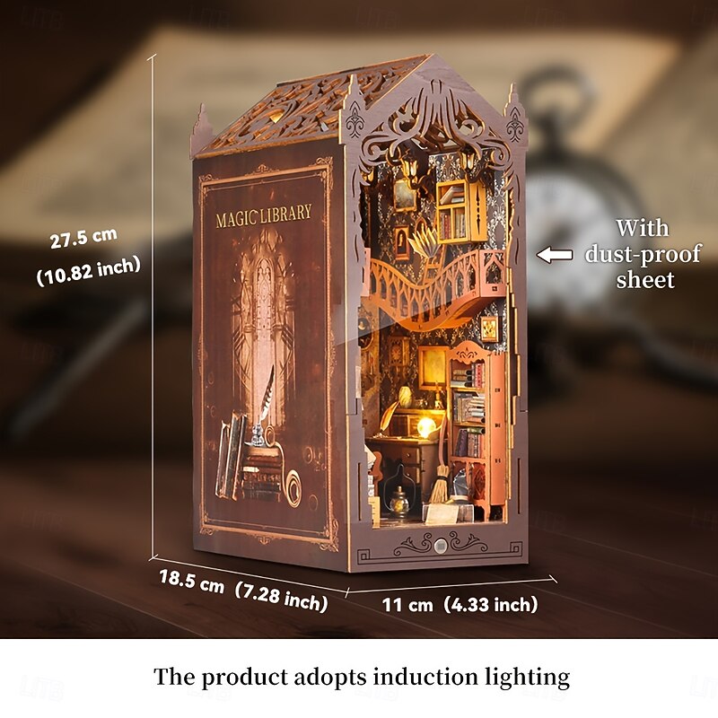 1pc Rustic Wooden Magic Library Book Nook Shelf Insert DIY Dollhouse Kit With Furniture Artisan Craft 3D Puzzle Home Bedroom Decor Induction Lighting 10.82 Height Boys Easter/Birthday Gift2