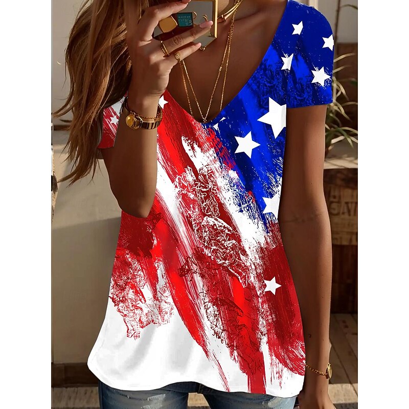 Women's Patriotic  T Shirt Graphic American Flag Vintage Stylish Classic Short Sleeve V Neck Regular Tops Daily Print Red / Blue Summer Spring4