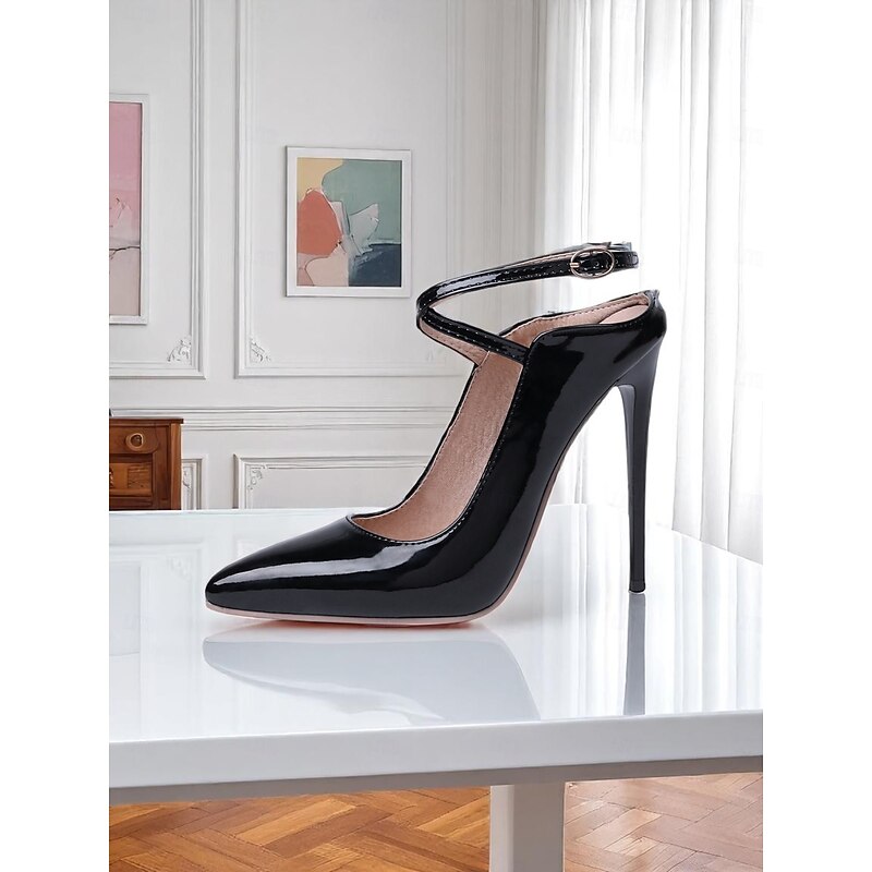 Women's Yellow Patent Leather Stiletto Heels - Bold Pointed Toe High Heels with Ankle Strap for Urban Parties and Nightlife3