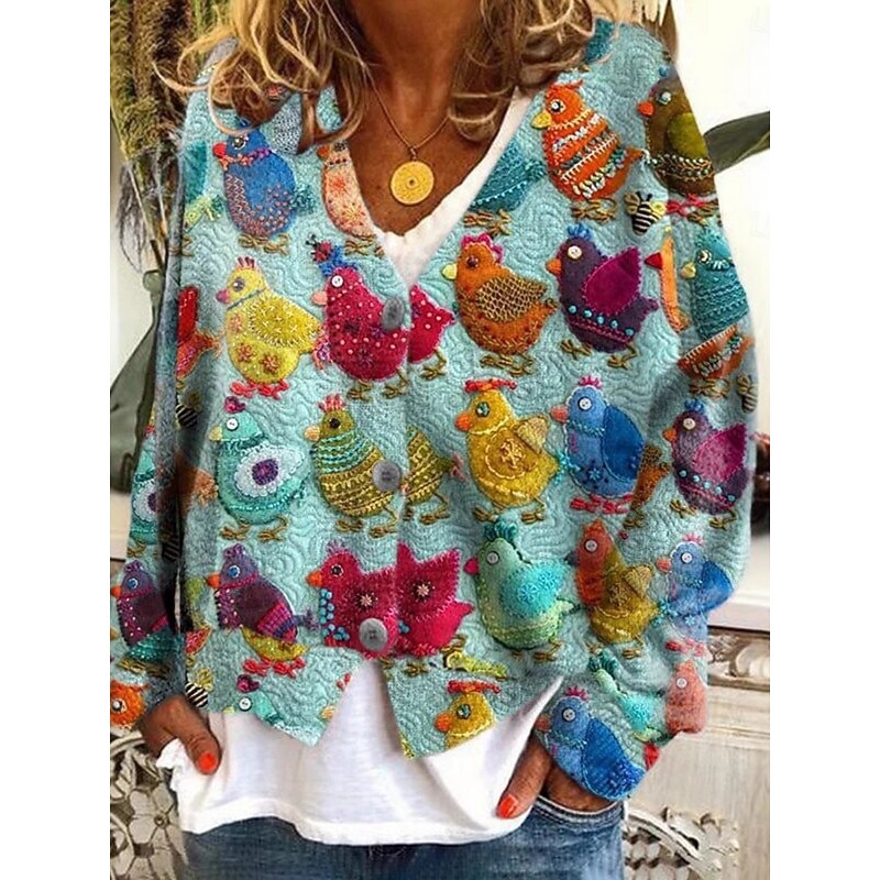 Women's 3D Print Cardigan Sweater Knitted Ribbed Button Front V NeckLong Sleeve Lightweight Casual Soft Floral Buttons Print Regular Tops Knit Outdoor Daily Weekend Blue Green Fall Winter3