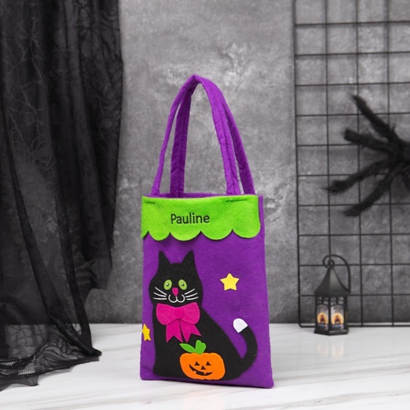 Personalized Name Halloween Treat Bag for Kids Custom Candy Tote Bag Basket for Trick or Treat, Eye-Catching Non-Woven Fabric Bag with Large Capacity, Mysterious Color Options, Perfect for Candy and Party Photos2