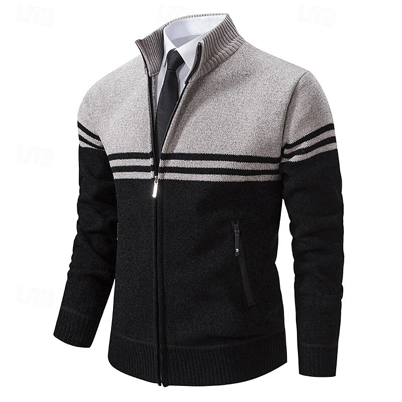 Men's Sweater Cardigan Sweater Cropped  Sweater Ribbed Knit Regular Tops Knitted Color Block Stand Collar Warm Ups Modern Contemporary Office Casual Clothing Apparel Fall Winter Black Navy Blue M L XL4