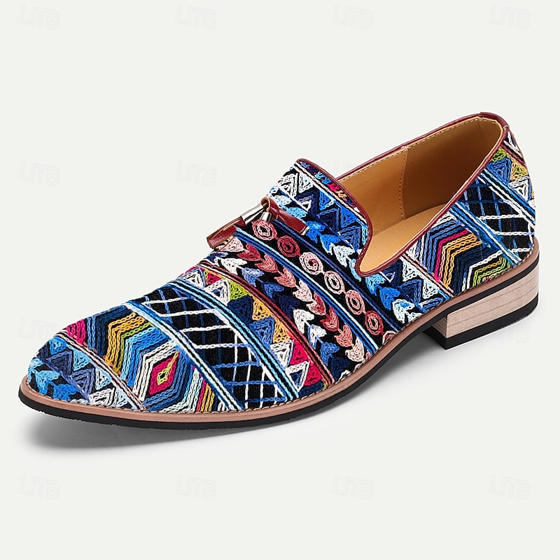 Men's Ethnic Pattern Jacquard Loafers with Faux Leather Accents, Boho Style Slip-Ons for Art Shows, Summer Weddings and Creative Professionals4