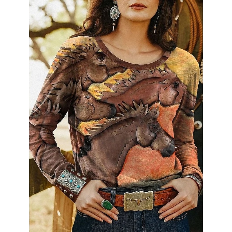 Women's T shirt Crew Neck Long Sleeve Tunic Graphic Geometry Bohemia Vintage  Round Neck Regular Tops Daily Club Uniforms Going out Print Gray / Red Light Brown Green Khaki Summer4