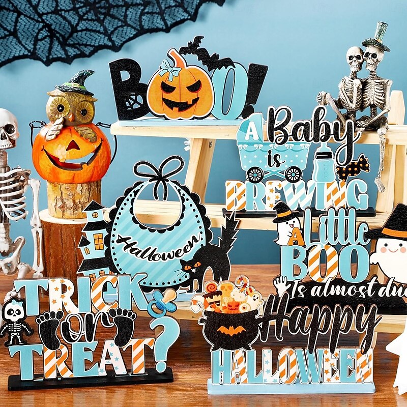 6-Pack Halloween Table Sign Centerpiece Decorations, Wooden Trick or Treat Signs with Pumpkin and Ghost, Kids Halloween Blue Baby Shower Party Supplies3