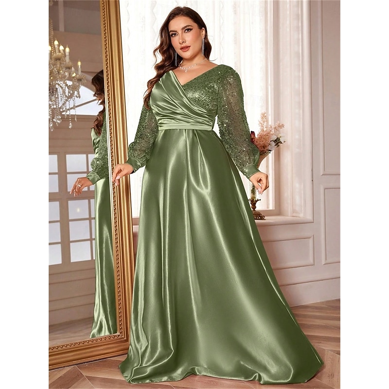 A-Line Plus Size Dresses Elegant Curve Dress Formal Wedding Floor Length Long Sleeve V Neck Polyester with Pleats3