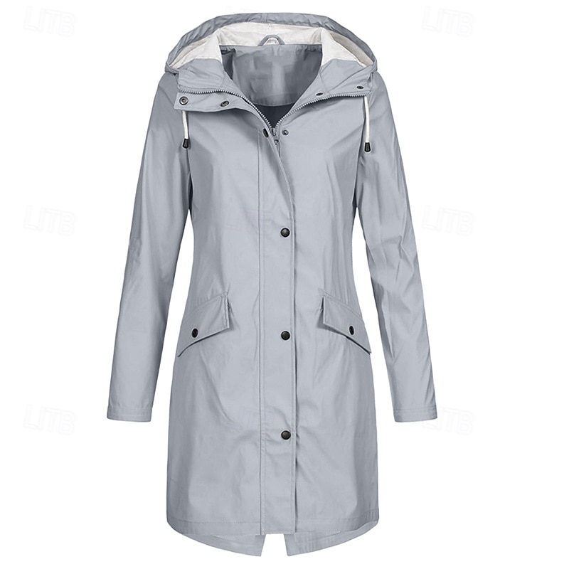 Women's Trench Coat Waterproof Warm Zipper Pocket Casual Plain Outdoor Street Holiday Going out Zipper Long Hooded Regular Fit Long Sleeve Outerwear White Wine Navy Blue Fall Winter4