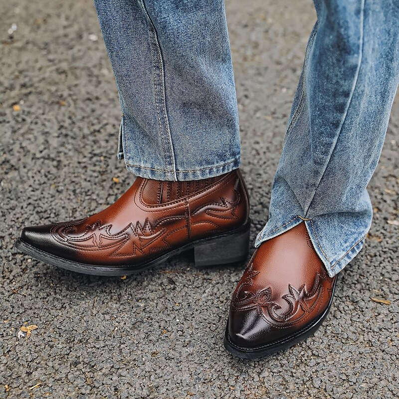 Men's Western-Style Brown Leather Cowboy Ankle Boots with Embroidered Flame Design – Fashion Boots for Country Events, Rodeos and Casual Outfits4