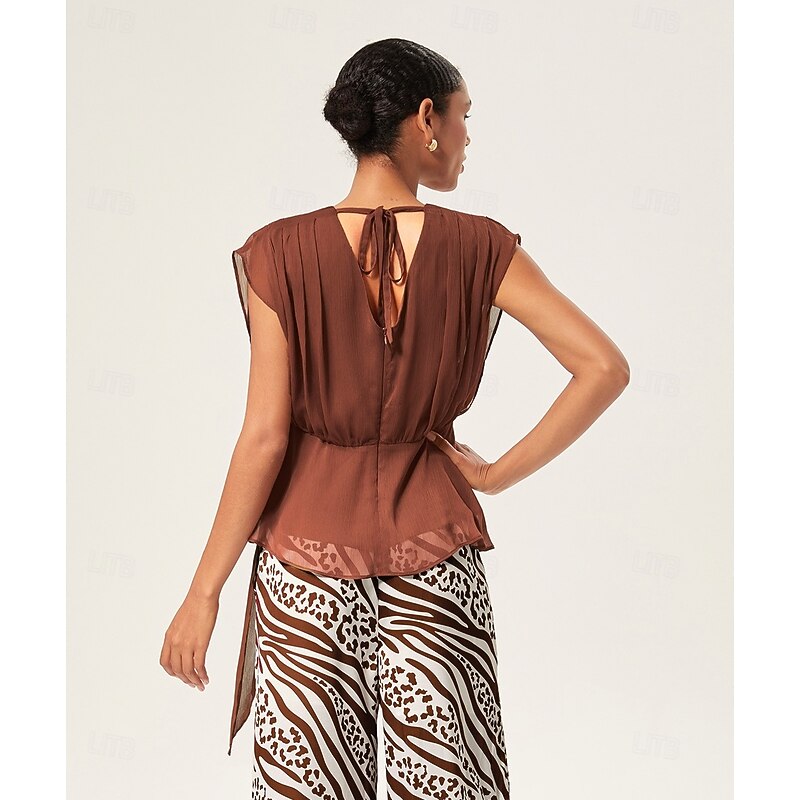 Women's Top V Neck Asymmetric Sleeveless Chiffon Soft Lining Inverted Pleat Fluid Hem Casual Elegant Spring Summer Fall3