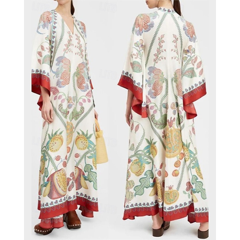 Women's Long Dress Maxi Dress Swing Dress Print Dress Classic Modern Outdoor Going out Regular Fit Flower Long Sleeve V Neck Black White Pink Dark Blue Fall - Main Image