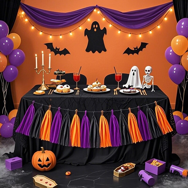 2pcs Halloween Tassel Garland, Black Purple and Orange Mixed Tassels, Perfect for Spooky Festival Party Decorations and Dessert Table Setup
