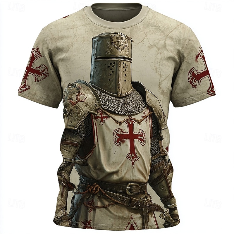 Men's Knights Templar T Shirt Short Sleeve T shirt 3D Print Crew Neck Shirt Religious Street Casual Daily Light Brown Brown Summer Spring All Seasons Clothing Apparel S M L XL XXL XXXL
