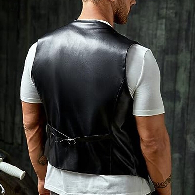 Men's Faux Leather Jacket Vest Waistcoat Gilet Vacation Daily Fashion Casual Spring Fall Pocket Buttons PU Leather Comfortable Solid Color Single Breasted One-button Lapel Regular Fit Light Coffee3