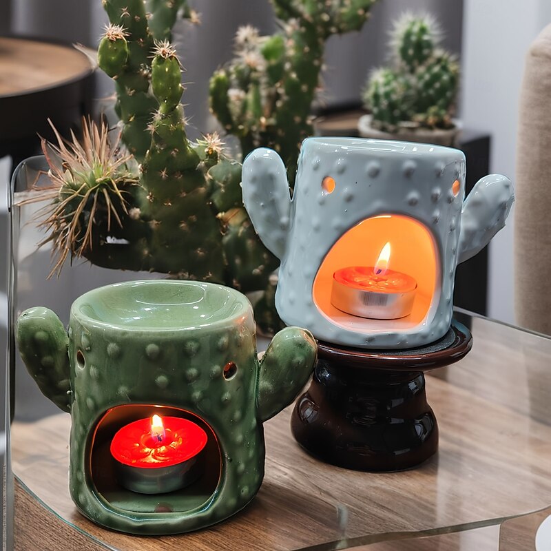 Cactus Ceramic Candle Warmers - Green and Blue Unlit Unscented Ideal for Home Decor Holiday Gift and Seasonal Holiday Decor  Decorative Cactus Design  Ceramic Construction Cactus Decor - Main Image