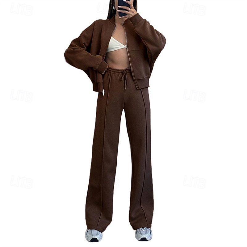 Women's Tracksuit Zip Up Sweatshirt Wide Leg Pants Pocket Solid Colored Clothing Suit Fall Black Burgundy Gym Workout Sports Windproof Long Sleeve Sport Activewear Micro-elastic Regular Fit3