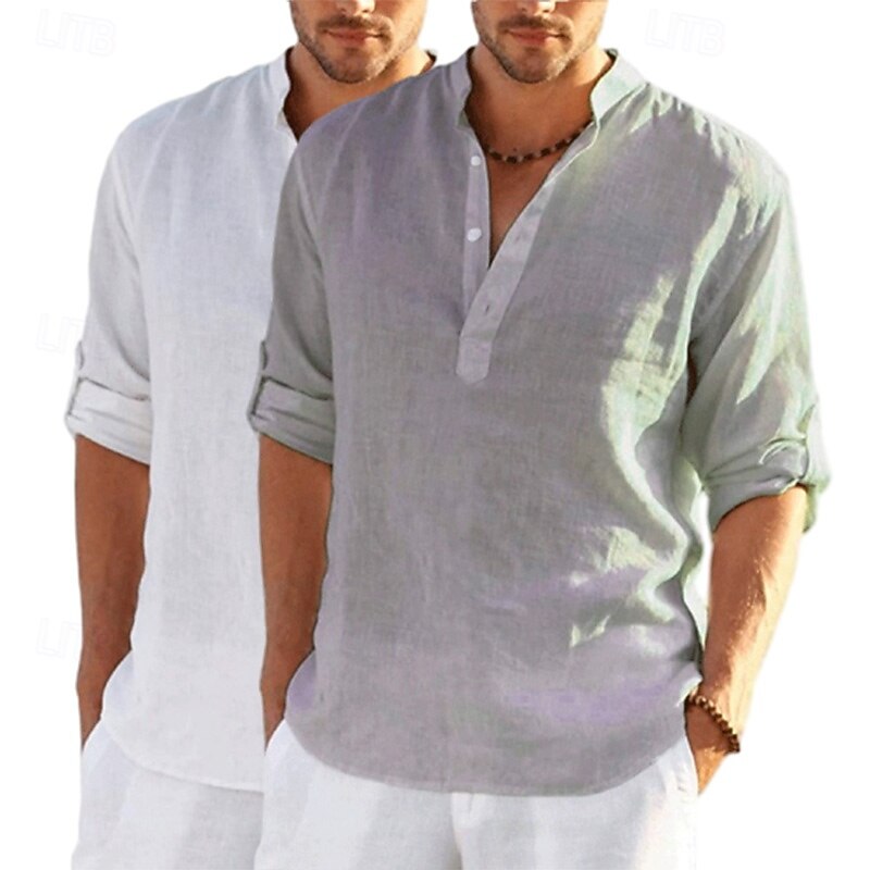 Men's Shirt Linen Shirt Band Collar Shirt Popover Shirt Summer Shirt Beach Wear Solid Color Vacation Casual White+khaki Blue+Dark Grey Navy Blue+Grey Blue+Navy Blue Long Sleeve Henley Summer Spring3