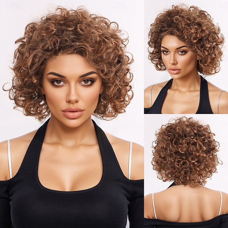 Synthetic Wig Wavy Afro Curly Asymmetrical With Bangs Machine Made Wig 12 inch A1 Synthetic Hair Women's Classic Comfortable Color Gradient Multi-color