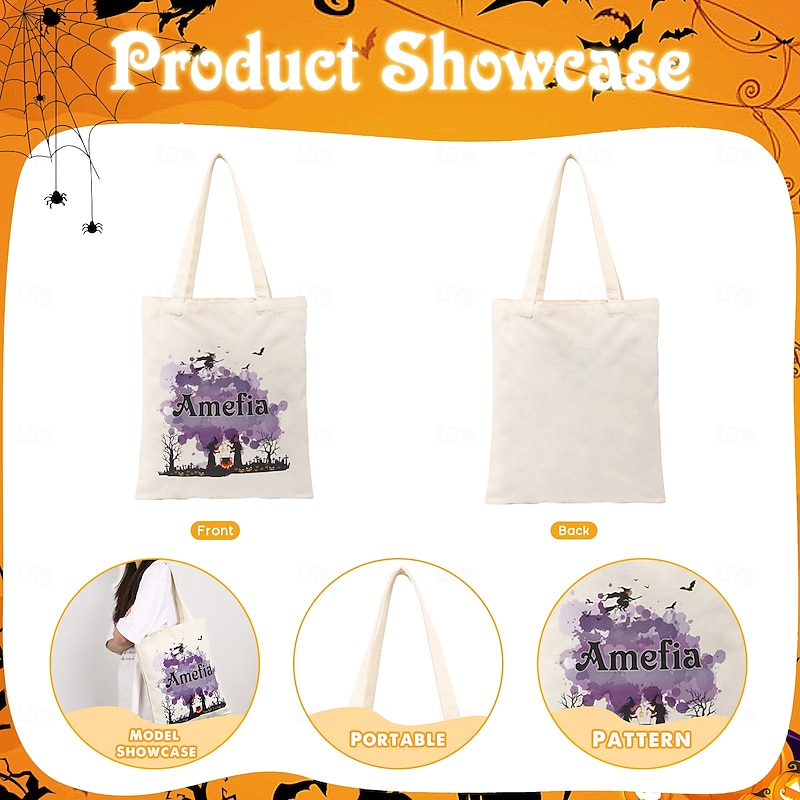 Personalized Name Halloween Treat Bag for Kids Custom Candy Tote Bag Basket for Trick or Treat, Canvas Gift Bag with Custom Font and Pattern, Funny Ghost Design for Family, Friends, Lovers, Unique Holiday Surprise4