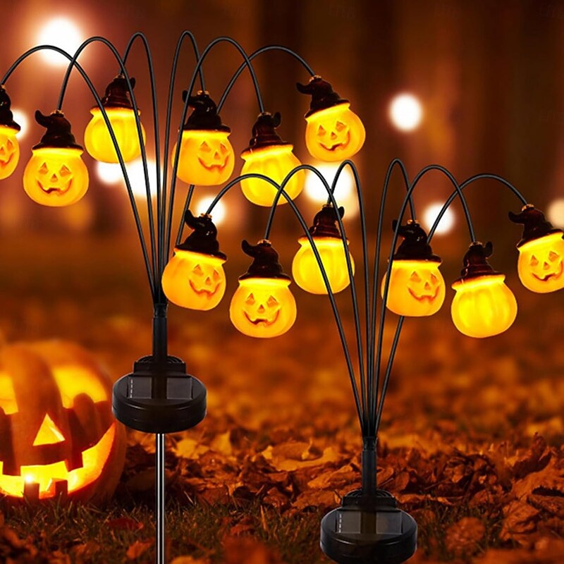 2 Pcs Halloween Landscape Lights Outdoor Waterproof 6 Head Smiling Pumpkin Solar Ground Plug in Light Courtyard Garden Lawn Path Party Party Horror and Weird Atmosphere Festival Decorative Light