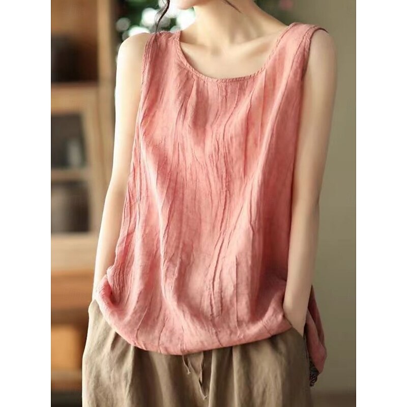Women's Cotton Linen Shirts Camp Collar Shirt Solid Color Basic Casual Sleeveless V Neck Regular Tops Daily Black White Pink Green Gray Summer2