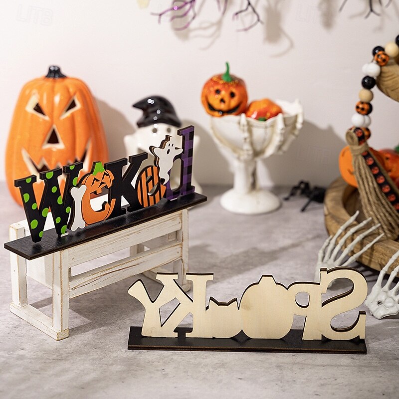 Halloween Wooden Centerpiece Sign Decor, Spooky Wooden Letter Stand for Halloween Table Display, DIY Haunted House Party Decoration2