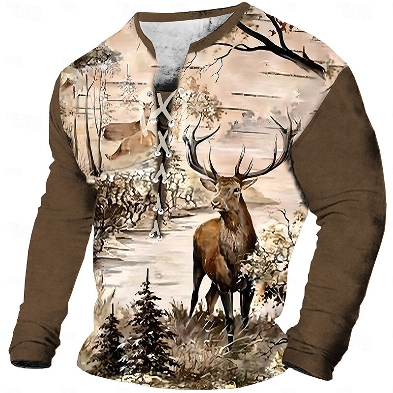 Men's Cowboy Deer T shirt Tee Long Sleeve T shirt 3D Print Lace Up Neck Shirt Casual Vintage Retro Sports Outdoor Casual Daily Black Navy Blue Brown Spring & Summer Clothing Apparel S M L XL XXL XXXL4