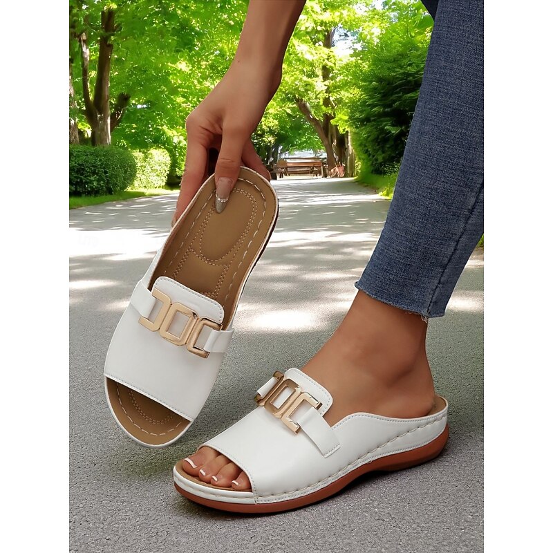Women's White Faux Leather Slide Sandals with Gold Buckle Casual Style for Garden Walks Vacation and Daily Errands2