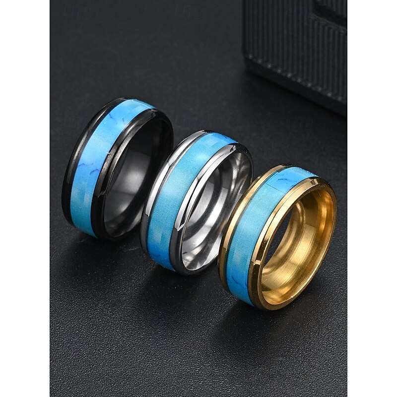 Men's Stainless Steel Blue Turquoise Inlay Ring, Polished Comfort Fit Band, Western Style Jewelry for Daily Wear, Weddings or Gifts