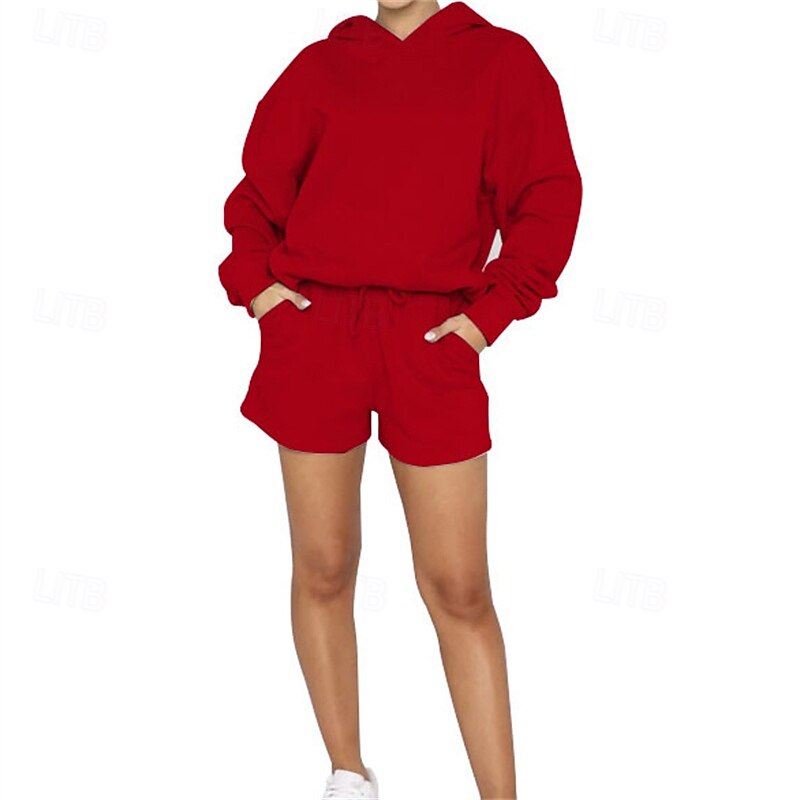 Women's Tracksuit Sweat Shorts Drawstring Pocket Solid Colored Hoodie Clothing Suit Fall Light Green Red Gym Workout Sports Windproof Long Sleeve Sport Activewear Micro-elastic Regular Fit4