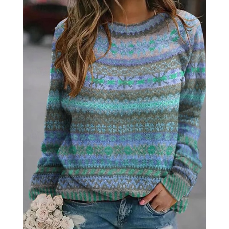Women's Sweater Fair Isle Sweater Pullover Casual Soft Floral Ribbed Crew Neck Knitted Print Long Sleeve Regular Tops Knit Outdoor Daily Holiday Red Blue Fall Winter
