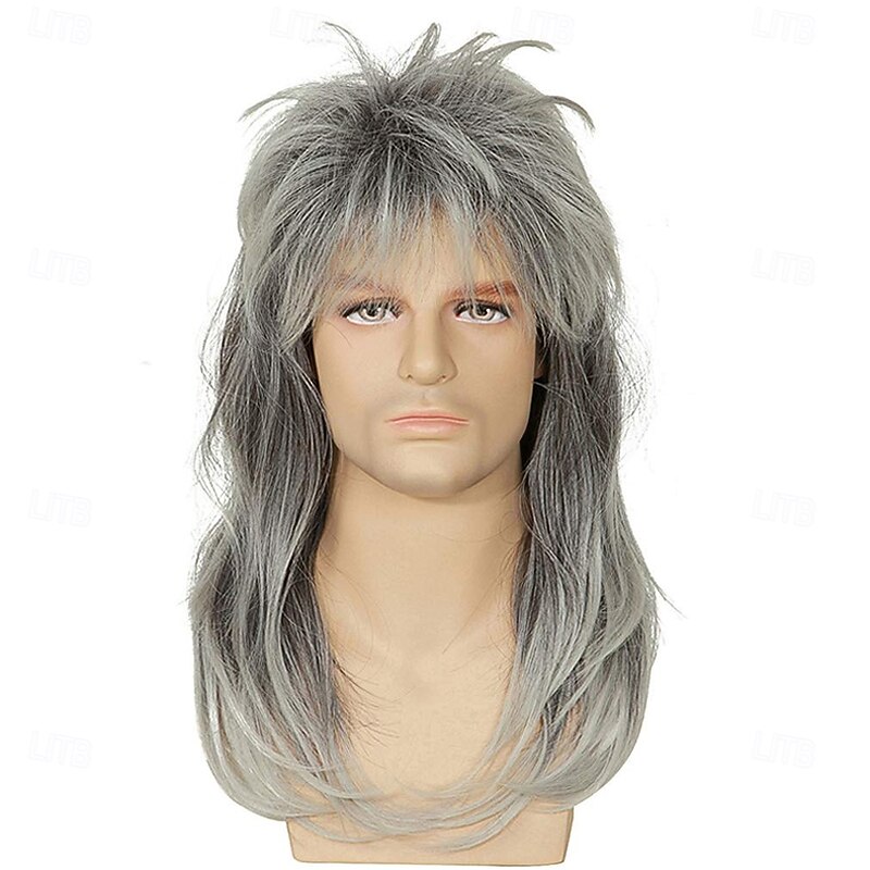 Mens Grey Gradient Mullet Wigs 80s Rock and Roll Wigs for Men Shoulder Length Natural looking Heat Resistant Synthetic Fiber Movie Cosplay Wig Halloween Wigs2