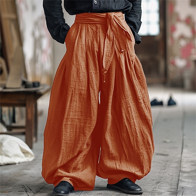 Men's Linen Pants Trousers Summer Pants Baggy Pants Beach Pants Elastic Waist Plain Comfort Breathable Vacation Daily Holiday Vintage Boho White Navy Blue3