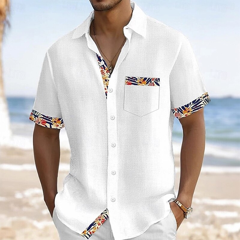 Men's Floral&Plants Flowers Shirt Summer Shirt Button Up Shirt Short Sleeve Fashion Casual Vacation Holiday Streetwear Summer Turndown 3D Print Front One Pocket Linen Like Shirt Black White Orange2