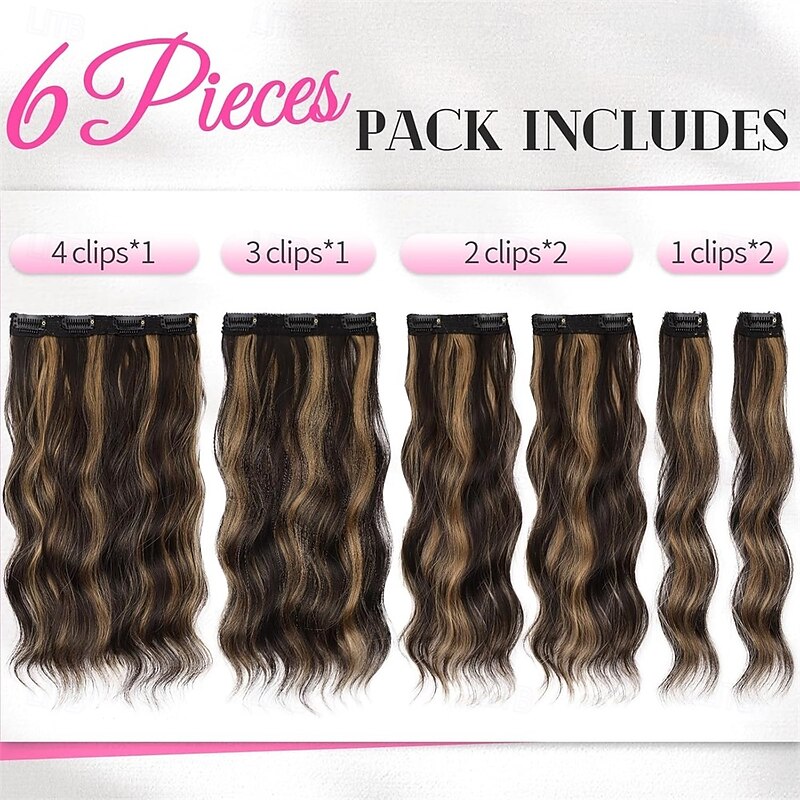 Clip in Hair Extensions 6PCS Short Synthetic Hair Extensions Soft Wavy Curly Hairpieces Balayage Highlights Color for Women 14Inch2