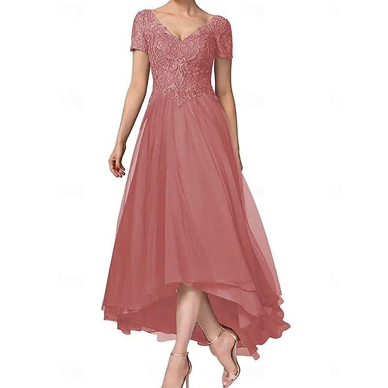 A-Line Mother of the Bride Dress Elegant V Neck Asymmetrical Chiffon Short Sleeve with Solid Color