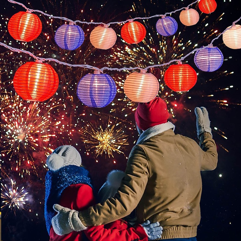 1 Pc 3M-20 LED Patriotic Laterns String Lights July 4th Independence Day Red, White, Blue Lantern Indoor and Outdoor Party Patriotic Atmosphere Waterproof Battery Box Remote Control3