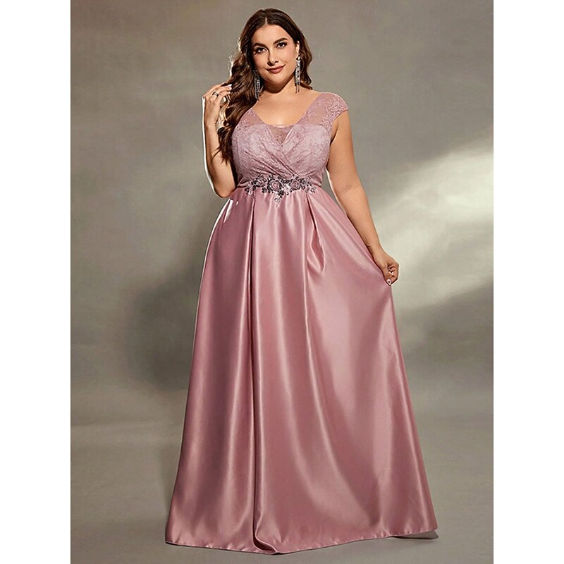A-Line Evening Gown Elegant Dress Formal Wedding Floor Length Sleeveless V Neck Satin V Back with Pleats