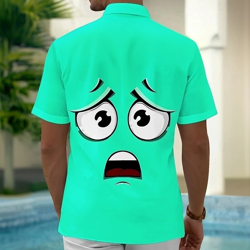 Men's Cartoon Funny Human face Shirt Summer Shirt Button Up Shirt Short Sleeve Fashion Casual Vacation Party Holiday Summer Spring Turndown 3D Print Collared Shirts Front One Pocket Green2