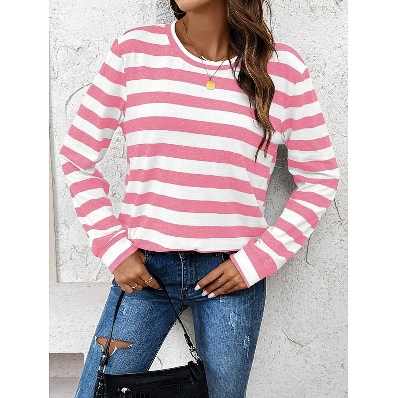Women's Pullover Sweatshirt Graphic Striped Casual Long Sleeve Crew Neck Regular Tops Home Street Dailywear Print Pink Summer Spring Fall Winter3