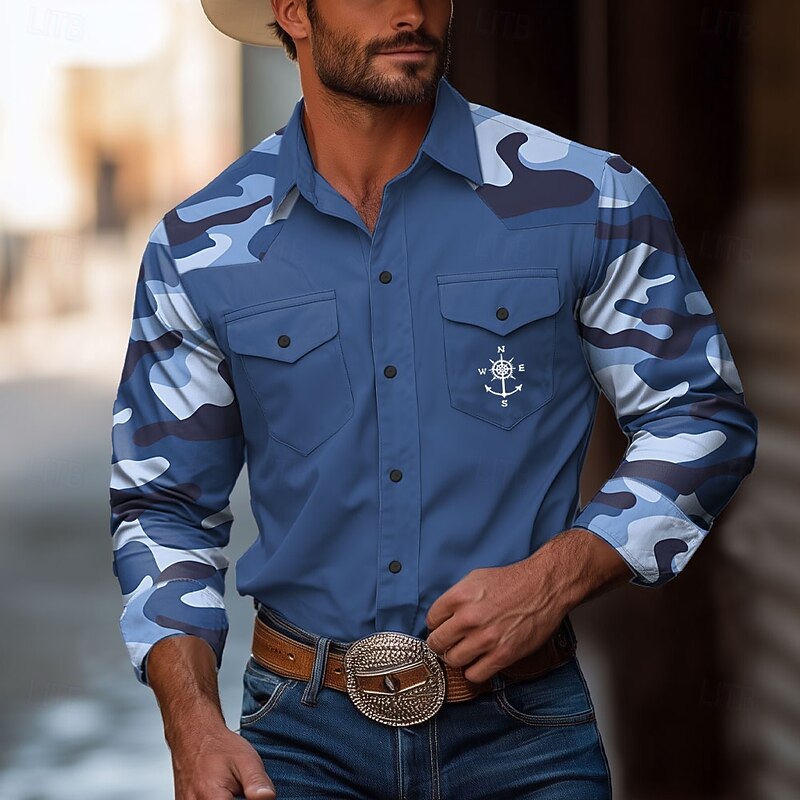 Men's Camouflage Compass Shirt Western Shirt Cowboy Shirt Long Sleeve Vintage Western Style Outdoor Daily WorkWear Fall & Winter Turndown 3D Print Front Two Pockets Button Up Shirts White Blue Dark