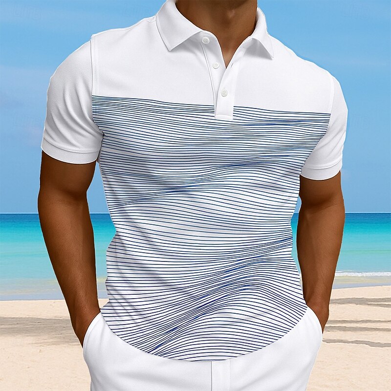 Men's Striped Waves Polo Short Sleeve Polo Collar Vacation Athleisure Casual Daily 3D Print Buttons Summer Violet Robin's Egg Blue Green