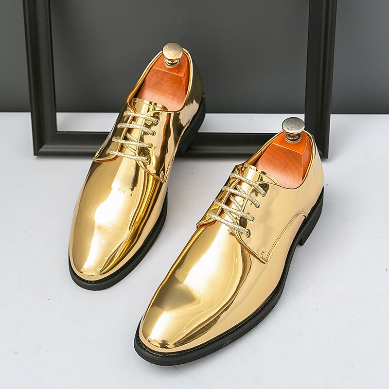 Gold Shiny Lace-Up Shoes for Men – Sleek Patent Leather Finish, Perfect for Weddings and Evening Formal Events3