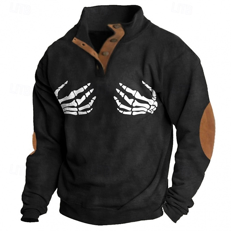 Men's Sweatshirt Black Navy Blue Khaki Standing Collar Graphic Skull Print Daily Holiday Going out Polyester Streetwear Casual Fall Winter Clothing Apparel Hoodies Sweatshirts  Long Sleeve2