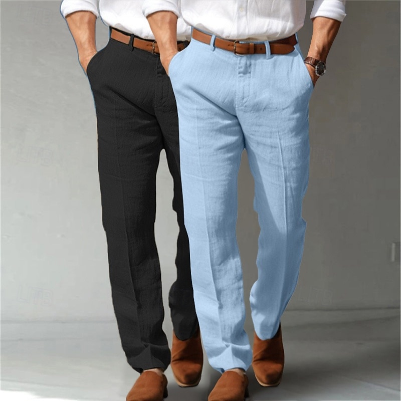 Men's Linen Pants Trousers Dress Pants Summer Pants Front Pocket Straight Leg Multi-pack Plain Comfort Breathable Full Length Formal Business Holiday Fashion Basic Black+Light Grey Blue+Dark Grey3