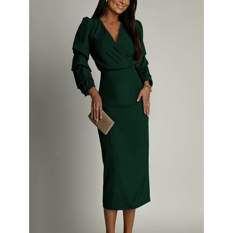 Women's Midi Dress Bodycon Dress Work Dresses Semi Formal Office Regular Fit Plain Long Sleeve V Neck Black Green Summer